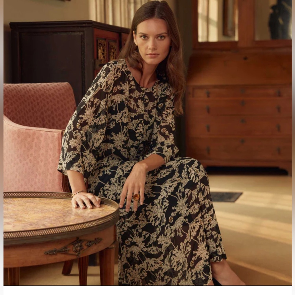 Billy Reid Black Midi Dress with Cream Botanical Print